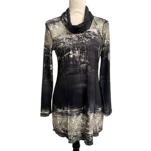 Sno Skins Abstract Print Cowl Neck Tunic Top Black Beige Small